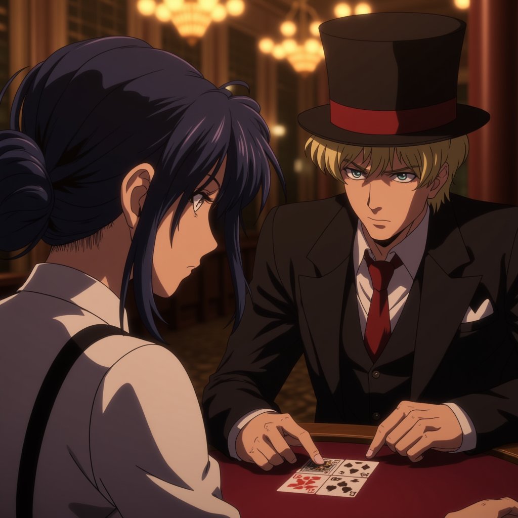 Anime screengrab. A dimly lit casino stage sets the scene as two players engage in a high-stakes game of poker. The girl, her navy blue hair styled in an updo, wears a crisp white shirt with black suspenders and a sleek black top hat. Her golden eyes gleam with intensity as she studies her cards. Across from her, the boy with dark blond hair and piercing blue eyes sits confidently, his top hat adorned with a tasteful black band, smart black suit, and vibrant red tie. Warm lighting casts a cozy glow over the table, highlighting the intricate details of their facial expressions and the well-pressed fabric of their attire,egmid