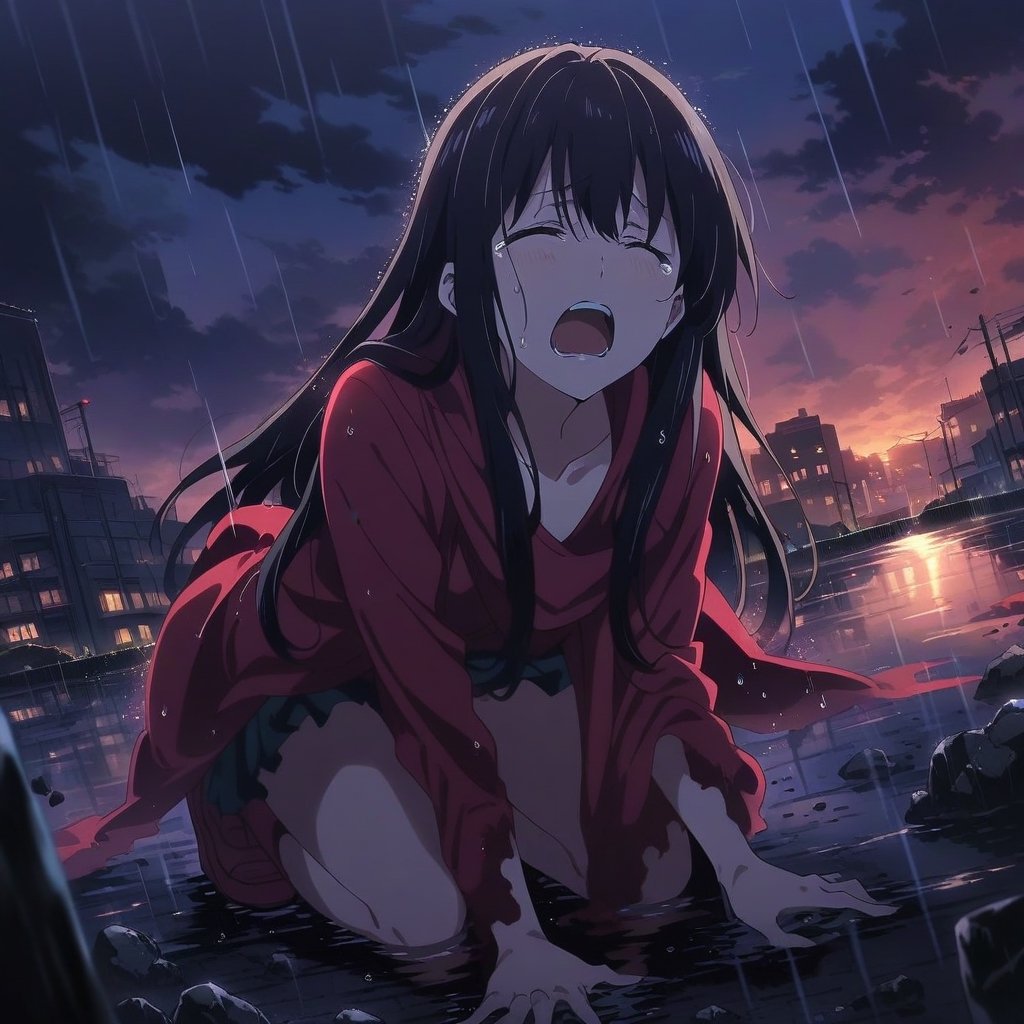 1girl,solo,long hair,black hair,eyes closed,crying,tears,open mouth,expression of suffering,screaming,red scarf,Angel wings:1.1,flip up,kneeling,city,debris,dark sky,dark clouds,raining,raindrops,storm,puddles,reflection,16k,masterpiece,full quality,intricate,highest resolution,extremely detailed,finely detail,Visual Anime,anime,anime coloring