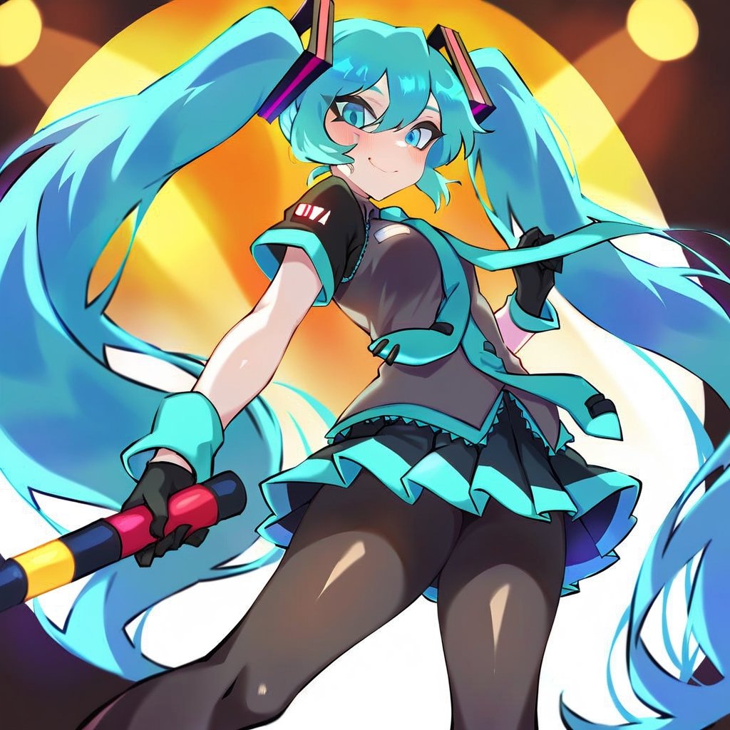 score_9,score_8,score_7,source_zzg,Hatsune Miku,1girl,looking at viewer,solo,long hair,very long hair,twintails,aqua hair,aqua eyes,closed mouth,black shirt,necktie,short sleeves,gloves,skirt,miniskirt,pleated skirt,blue skirt,pantyhose,black pantyhose,concert stage,lights