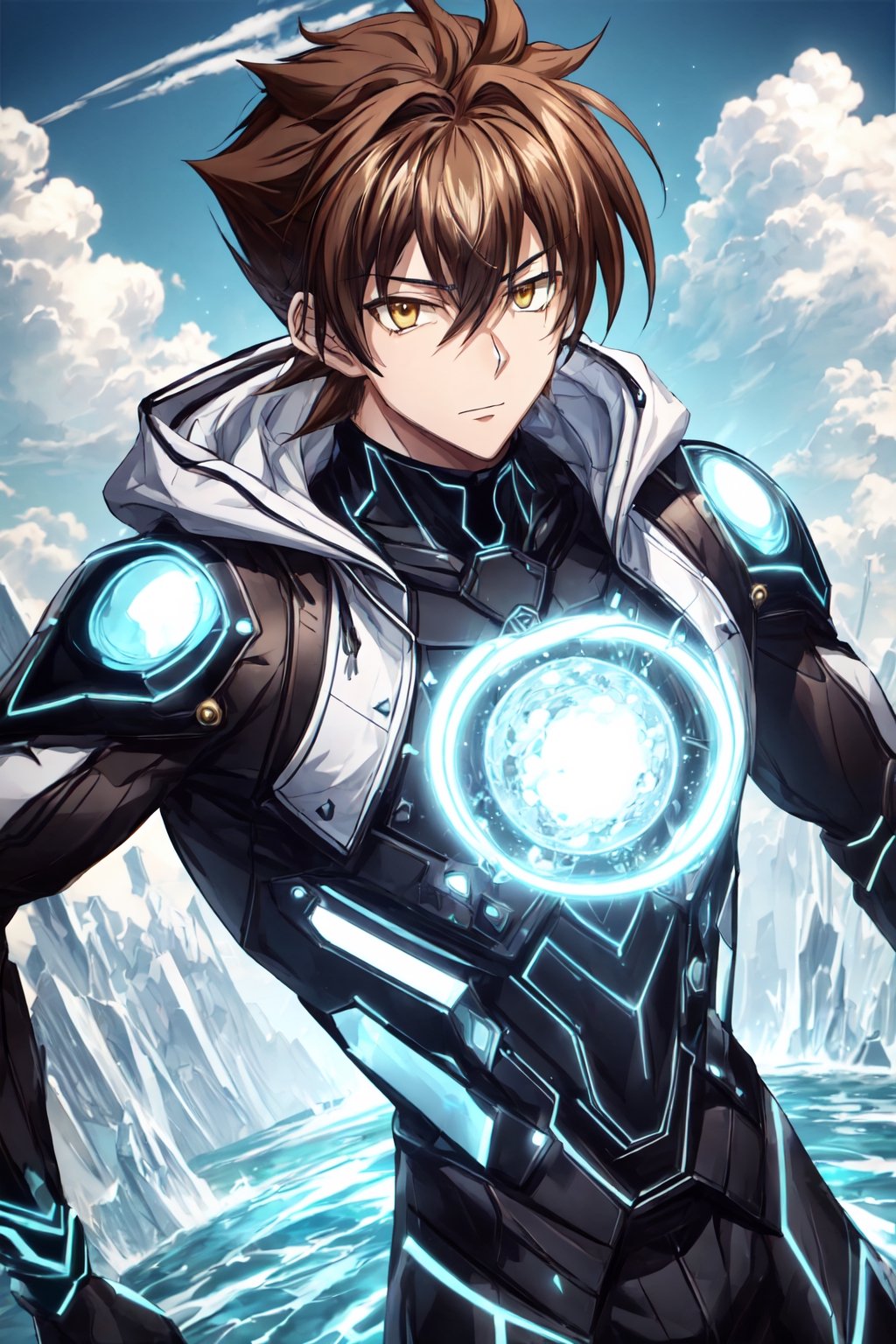 1 boy, alone, short hair, looking at viewer, upper body, yellow eyes, hair between eyes, brown hair, adjustable black battle suit, ((23 years old issei_hyoudou)), issei_hyoudou, defined and marked muscles, big muscular , long sleeves, black gloves, tall man, broad shoulders, male focus, hoodie, black sweatshirt, bright blue radiating bright BLUE light, immersing in intense blue tone energy, blue aura energy, passion, aura ki,CLOUD,ledarraytech 