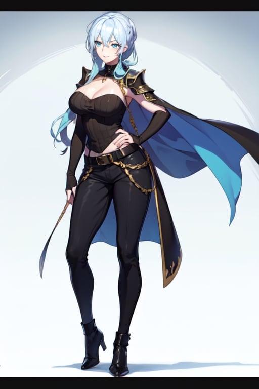 long hair, bangs, blue eyes, hair between eyes, blue hair, loose hair, looking at viewer, best quality, high resolution, perfect lighting, detailed fingers, flirty smile, long loose hair, big chest, adult woman, blue armor and blaca, full body armor, no cape, fur trim, pants with belt, black shirt, black pants, covering his entire body, blue gem on the chest, snowy background