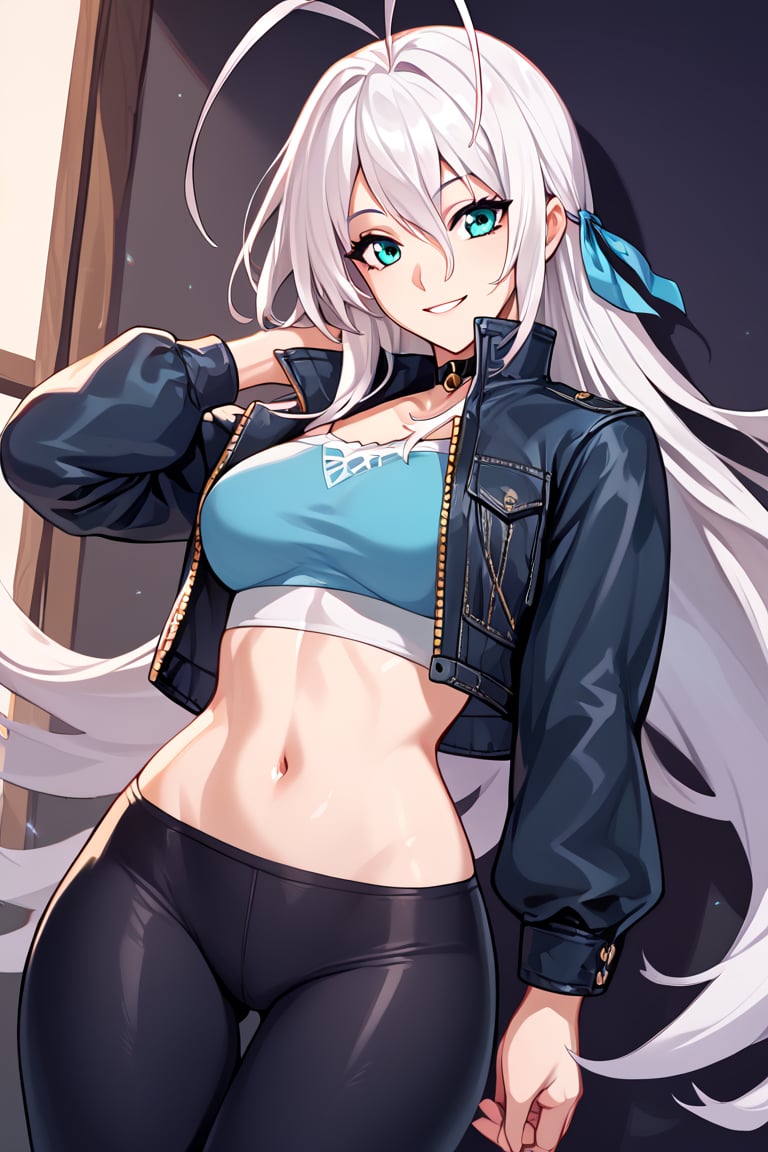 score_9,score_8_up,score_7_up,score_6_up,score_5_up,score_4_up, smile, dxdRos, white hair, antenna hair, very long hair, cyan eyes, 1 girl, solo, leggings, crop top, jacket, jean shot, a floating text '?', (soft skin)
