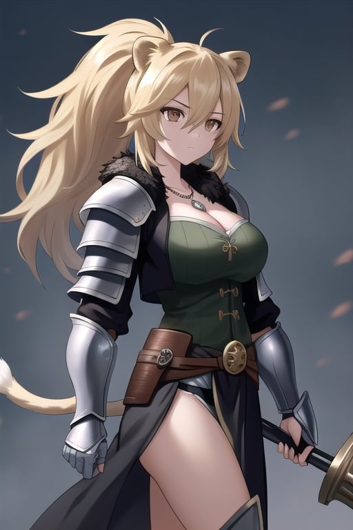 1 girl, standing, alone, battlefield, long loincloth, covering more of the waist, shoulder armor, leg armor, arm armor, black jacket, blonde hair, calm, jacket with fur trim, lion ears, long hair, open jacket, brown eyes, black necklace, detailed hands, expressionless, holding a war hammer, big hammer, lion's tail, hair between the eyes, long ponytail, medium hair, medieval clothing, sideways glance, short shirt, chest armor, cleavage, huge chest