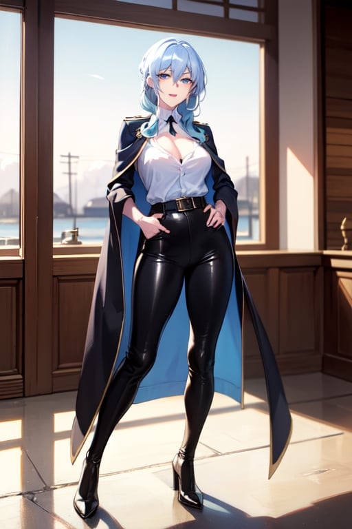long hair, bangs, blue eyes, hair between eyes, blue hair, loose hair, looking at viewer, best quality, high resolution, perfect lighting, detailed fingers, flirty smile, long loose hair, big chest, adult woman, cape with trim leather, belted pants, admiral shirt, black pants, military suit, snowy background