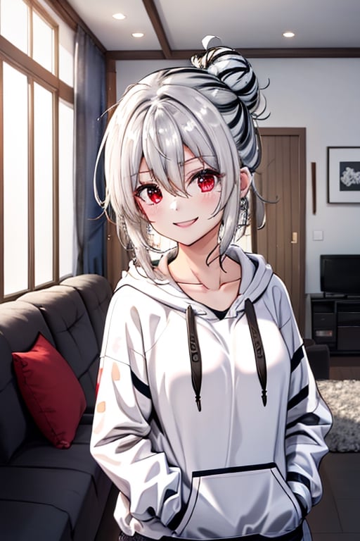 1 girl, alone, breasts, looking at viewer, smile, shirt, hair decoration, red eyes, hair between eyes, standing, collarbone, long sleeves, multi-colored hair, hoodie, hands in pockets, photos of hair, white shirt, hair in a bun, two tone hair (black and white stripes), black lines in hair, simple bun, inside a house, modern living room.