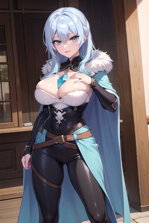 long hair, bangs, blue eyes, hair between eyes, blue hair, loose hair, looking at viewer, best quality, high resolution, perfect lighting, detailed fingers, flirty smile, long loose hair, big chest, adult woman, blue armor and blaca, full body armor, no cape, fur trim, pants with belt, black shirt, black pants, covering his entire body, blue gem on the chest