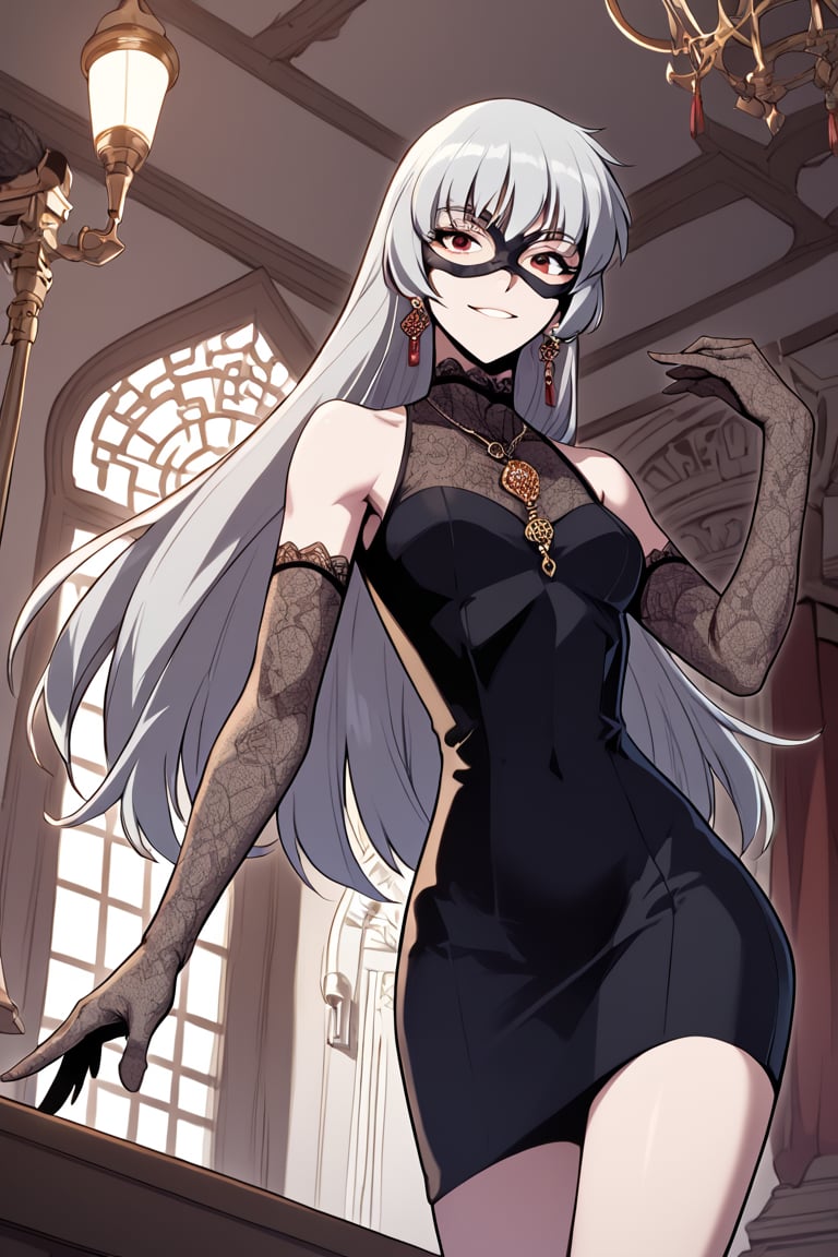 score_9,score_8_up,score_7_up,score_6_up,score_5_up,score_4_up, AliceSMLN,1 girl, alone, mouth closed, light smile, gray hair, long hair, red eyes, black dress, elbow-length gloves, mask, sleeveless, pendant, lace trim, earrings, standing, looking at viewer, facing viewer, cowboy photo, thigh gap, indoors