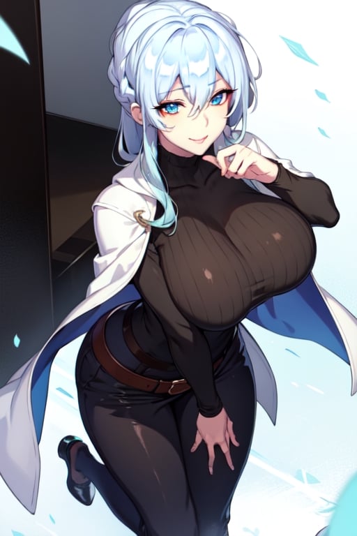 long hair, bangs, blue eyes, hair between eyes, blue hair, loose hair, looking at viewer, best quality, high resolution, perfect lighting, detailed fingers, flirty smile, long loose hair, big chest, adult woman, blue armor and blaca, full body armor, no cape, fur trim, pants with belt, black shirt, black pants, covering his entire body, blue gem on the chest, snowy background