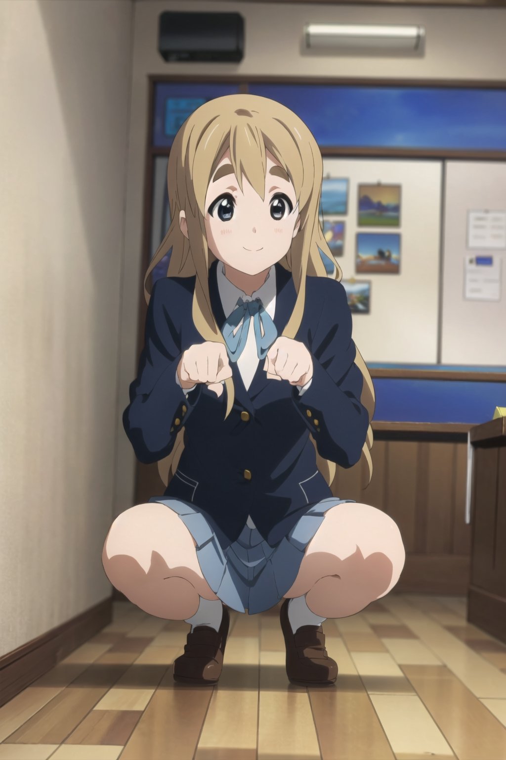 (((picture perfect))), 1girl, solo, school uniform, smile, jacket, inside, club room, squatting, eager pet pose, tsumugi kotobuki