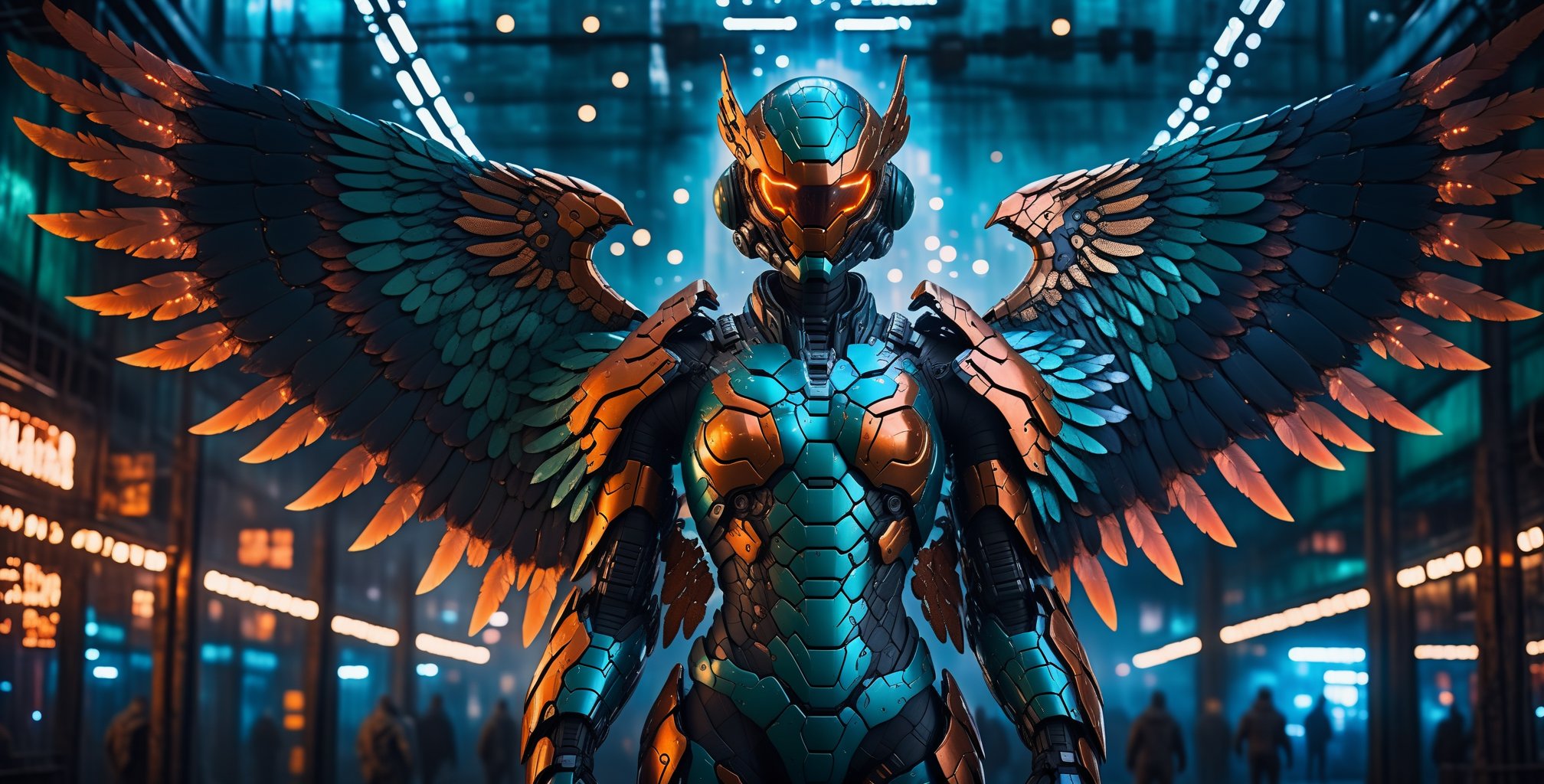 blend, medium shot, bokeh, (hdr:1.4), high contrast, (cinematic, teal and orange:0.85), (muted colors, dim colors, soothing tones:1.3 ), low saturation

A Hi-Tech cyberpunk style evil Angel style suit, Hi-Tech mechanical big wings, Custom design, shining body, glowing look, full shining suit, bodyThe scene is masterfully captured in a medium shot, drawing viewers into the heart of the desolation. The use of bokeh adds an ethereal quality to the atmosphere, blurring the edges of the macabre scene, creating an almost dreamlike vision of horror and despair.

An HDR blend intensifies the contrast, highlighting the stark duality of the situation - beauty and horror coexisting in a delicate balance. The cinematic teal and orange color grading imbues the scene with an otherworldly quality, making it feel like a haunting vision from another realm.

The muted and dim colors, along with soothing tones, lend an air of melancholy to the scene
