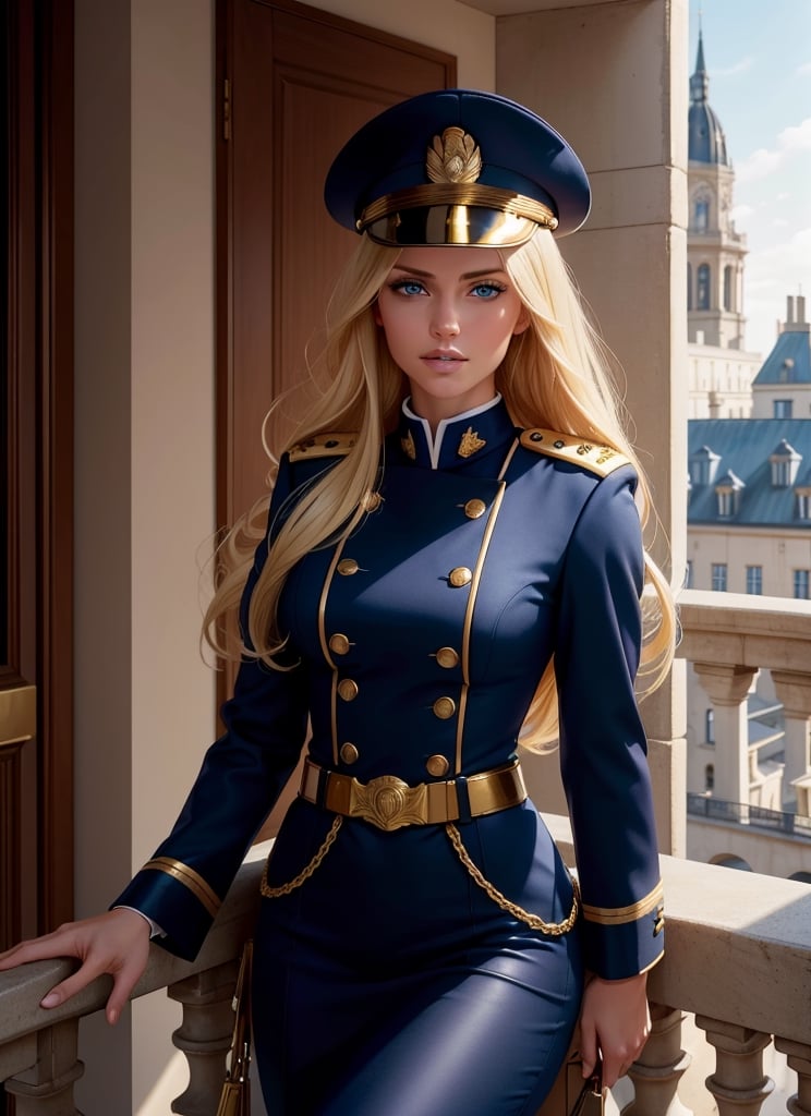 woman in her 20s, (perfect face), defined jawline, beautiful lips, (beautiful bright blue eyes), (long flowing blonde hair), (navy blue military officer uniform), (gold trimming in outfit), brown leather belt with gold buckle, (war medals on her chest), (military officer cap), (leaning on an open balcony), warm lighting, looking at viewer, (medium shot photograph), (European city capitol background), photorealistic