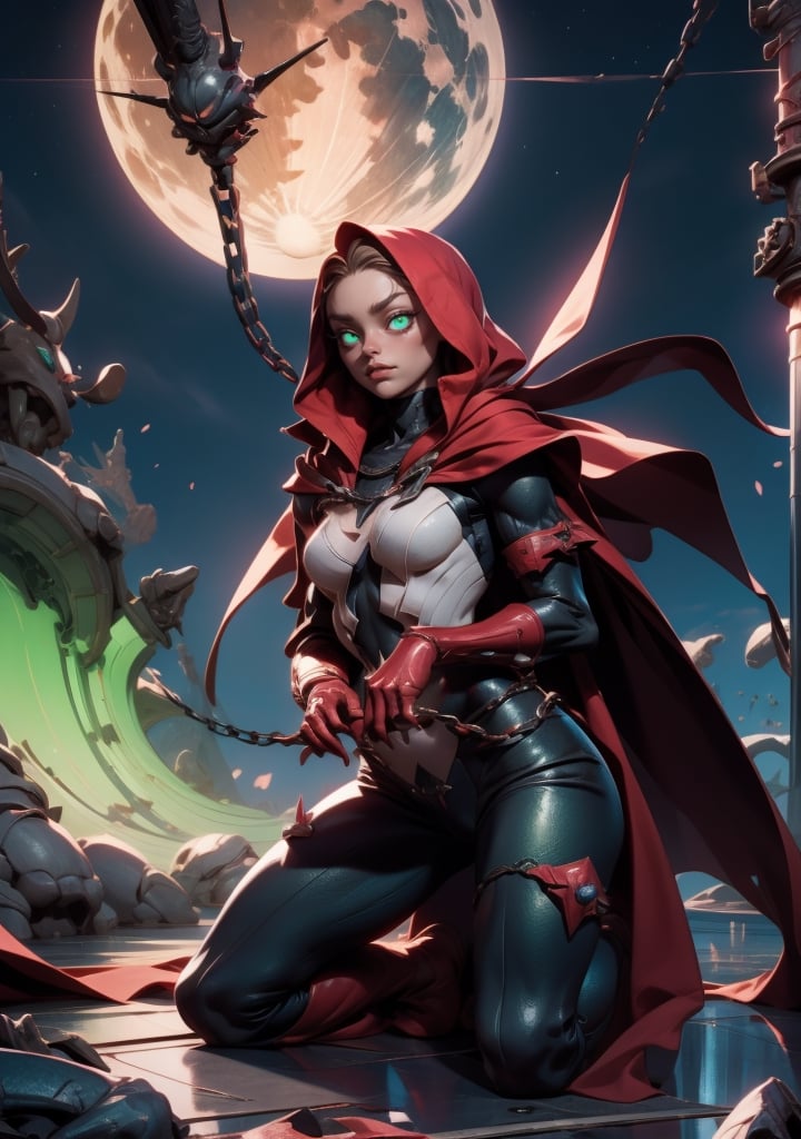 absurdres, highres, (official art, beautiful and aesthetic:1.2), 1 spawn girl, (medium breasts), red cape, glowing green eyes, kneeling, chains, church and cross landscape, night time, moon, upper body, lora:spawn-000020:1, lora:add_detail:0.2, lora:beautiful detailed eyes:1, lora:GoodHands-beta2:1,  lora:NebulaDream:0.3
,spawn