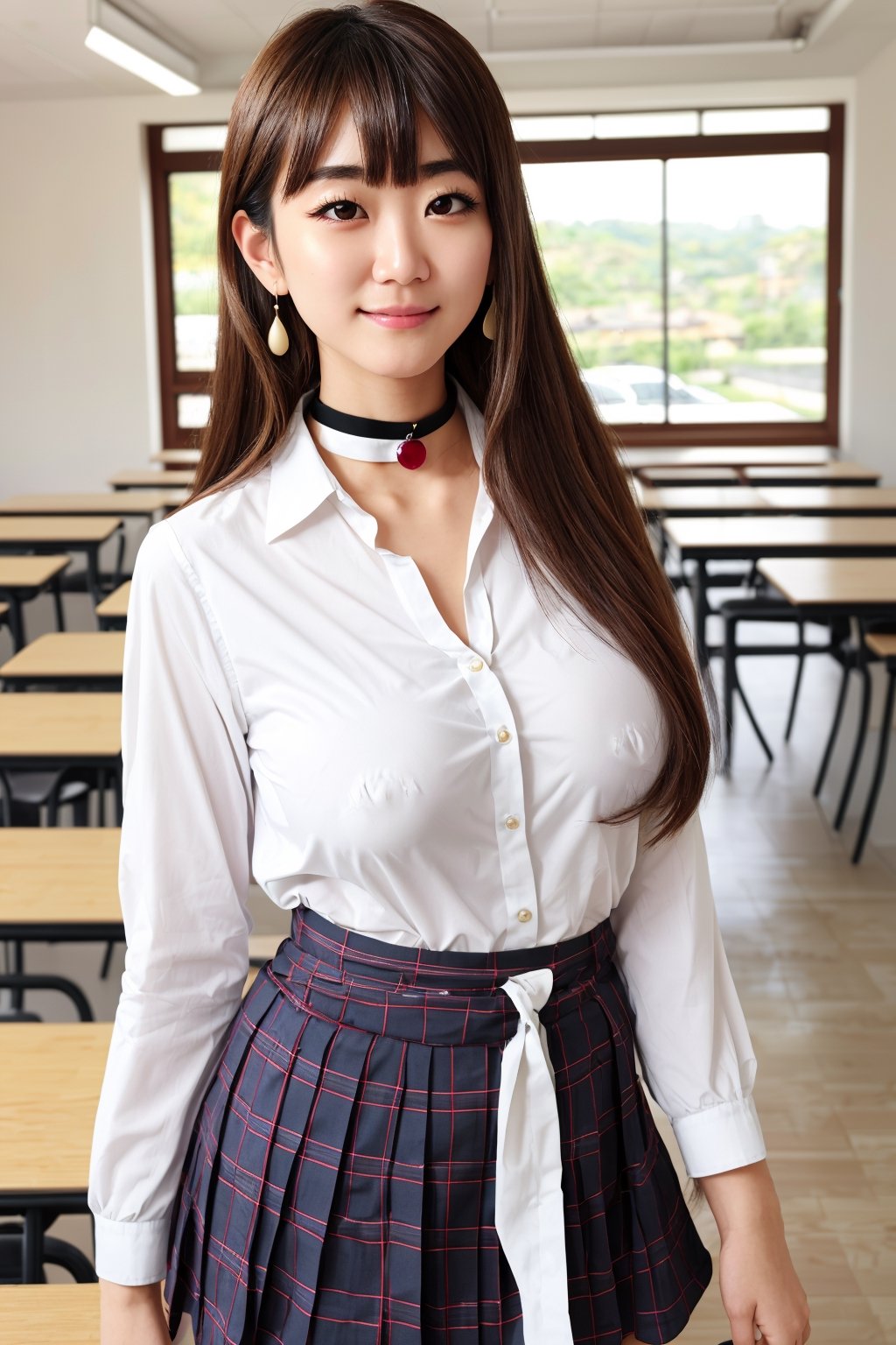 Location: detailed background, BREAK indoors, classroom,

clothing: school_uniform, shirt, black pleated_skirt, black choker, ear piercing, earrings, BREAK black necktie, long sleeves, sleeves rolled up, 

hair & face: bangs, blonde hair with black streaks, pink ruby eyes, long hair, slit pupils, perfect eyes, (beautiful_face:1.5), Beautiful Nose

role lock: 1 girl,Solo, Manga,mature female, Beautiful character design, lustrous skin,

expression: (innocent_big_eyes:1.0),

quality: official art, extremely detailed CG unity 8k wallpaper, perfect lighting, Colorful, Bright_Front_face_Lighting, 
(masterpiece:1.0),(best_quality:1.0), ultra high res,4K,ultra-detailed, 
photography, 8K, HDR, highres, absurdres :1.2 , Kodak portra 400, film grain, blurry background, bokeh:1.2, lens flare, (vibrant_color:1.2) , 

body: (Beautiful,medium_Breasts:1.4), (beautiful_face:1.5),(narrow_waist), Beautiful long legs, Beautiful Finger,

others: whisker markings,

character: MARIN KITAGAWA,takeda hiromitsu style,MARIN KITAGAWA