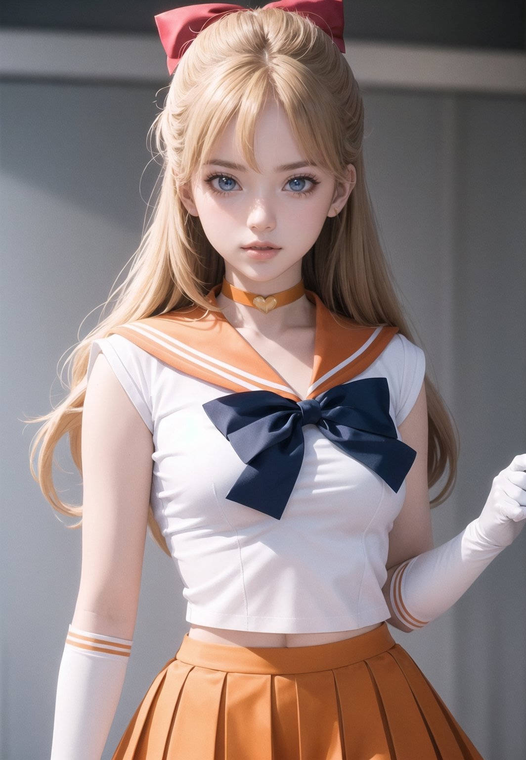 (masterpiece, best quality), 1girl,  lora:sailorvenus-lora-nochekaiser:0.8, sailor venus, blonde hair, blue eyes, bow, hair bow, half updo, long hair, red bow, tiara,, back bow, choker, elbow gloves, gloves, jewelry, magical girl, orange choker, orange sailor collar, orange skirt, sailor collar, sailor senshi uniform, school uniform, serafuku, skirt, white gloves,
,sailor venus