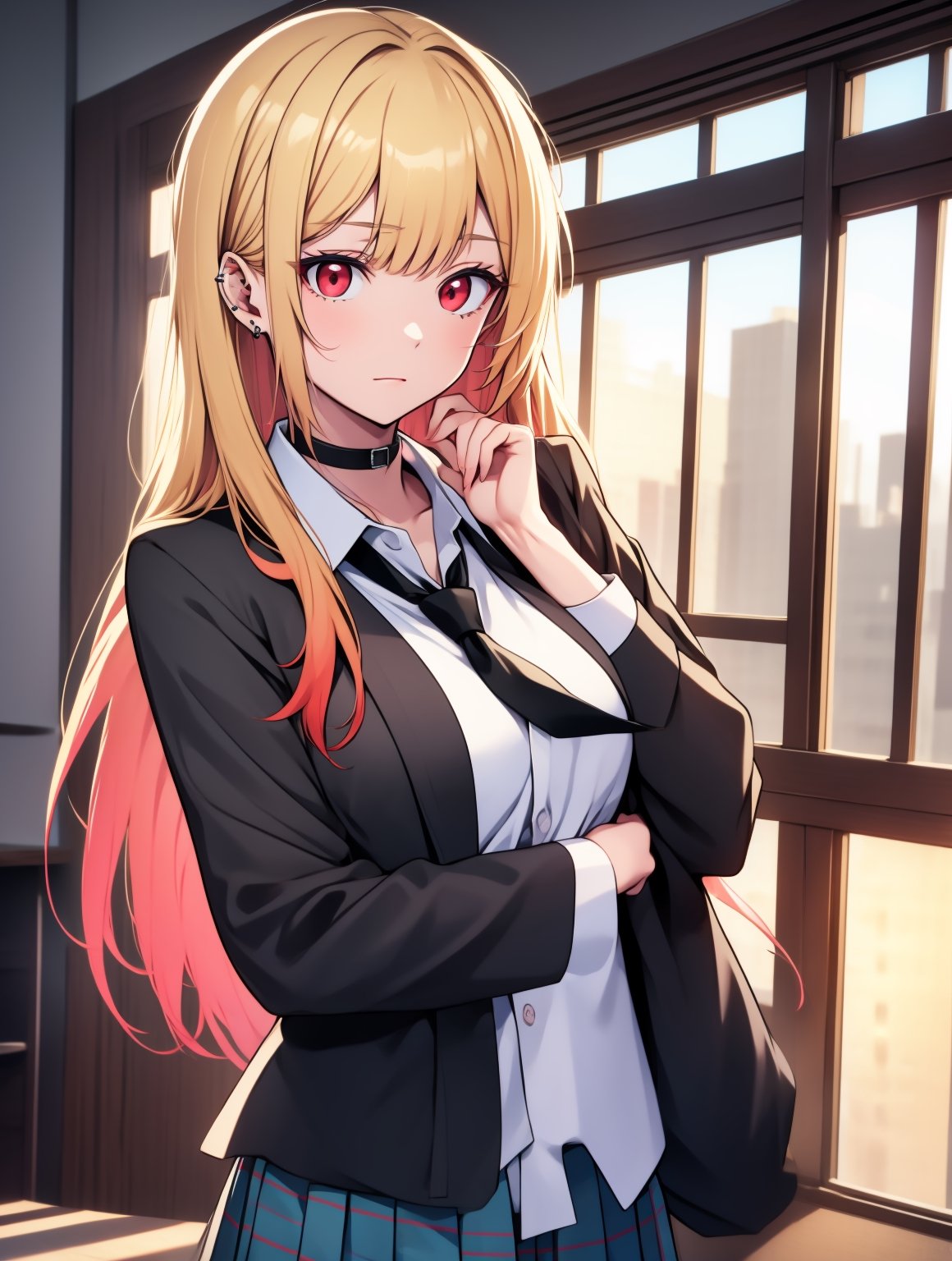 marinkitagawa, lora:marinkitagawatest:1, marin kitagawa, blonde hair, choker, ear piercing, earrings, long hair, piercing, (red eyes:1.5), straight hair, swept bangs,BREAK black necktie, long sleeves, pleated skirt, school uniform, shirt, skirt, sleeves rolled up, white shirt,BREAK indoors, classroom,BREAK looking at viewer, BREAK , (masterpiece:1.2), best quality, high resolution, unity 8k wallpaper, (illustration:0.8), (beautiful detailed eyes:1.6), extremely detailed face, perfect lighting, extremely detailed CG, (perfect hands, perfect anatomy),