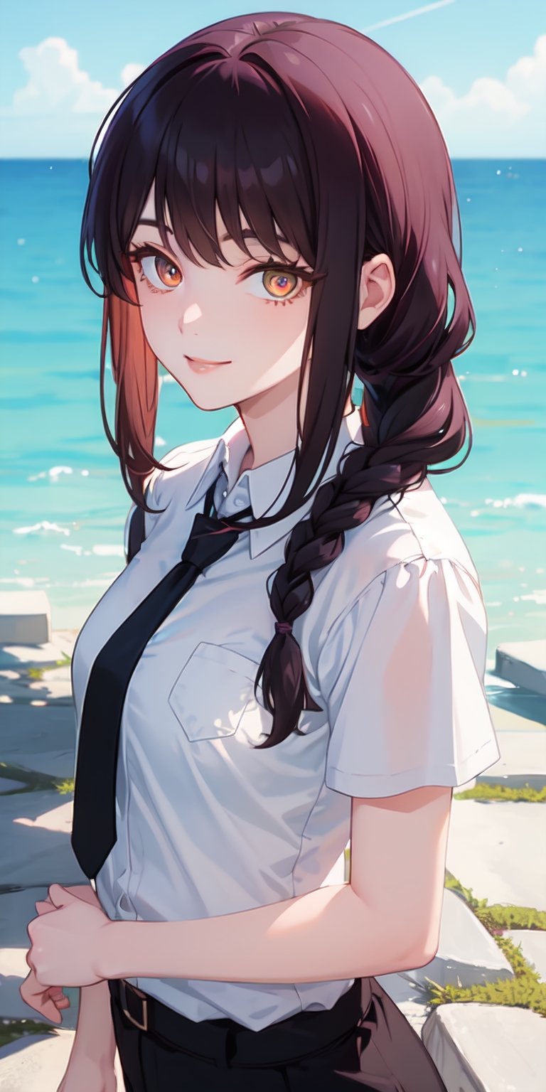 (masterpiece, best quality: 1.4), alone, looking at viewer, cowboy photo, smile, makima, ringed eyes, long hair, bangs, braided ponytail, side locks, collared shirt, tie, black pants, arms behind the back, outdoors, blue sky, sanctuary, stone floor, horizon, upper body, head on, from above, blurred background