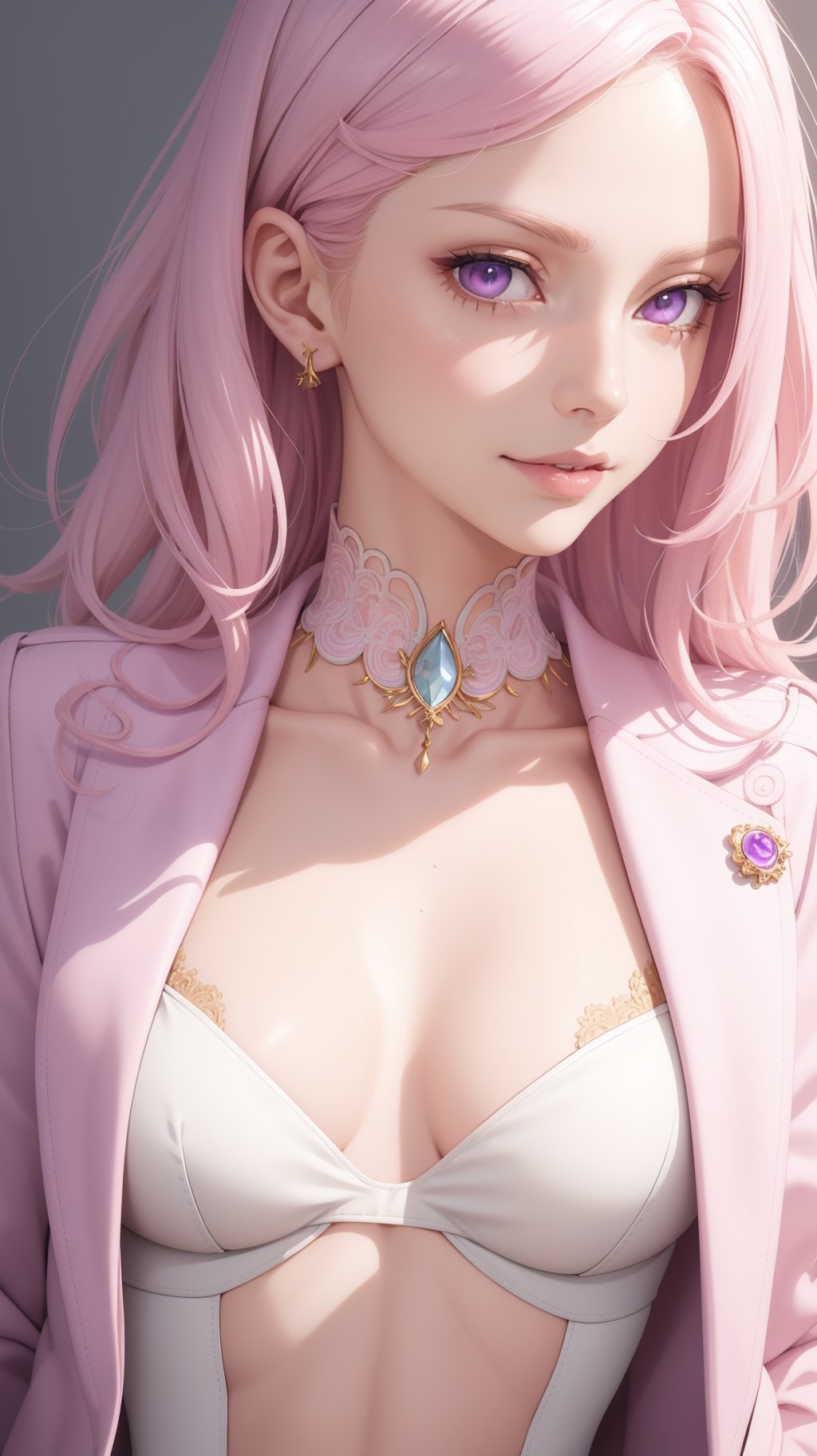 (masterpiece, best quality), intricate details, thin, ((slim)), beautiful girl, mature female, Light pink hair, white skin, light purple eyes, sharp jawline, cropped jacket, messy hair, lips, upper body, close up, smirk
