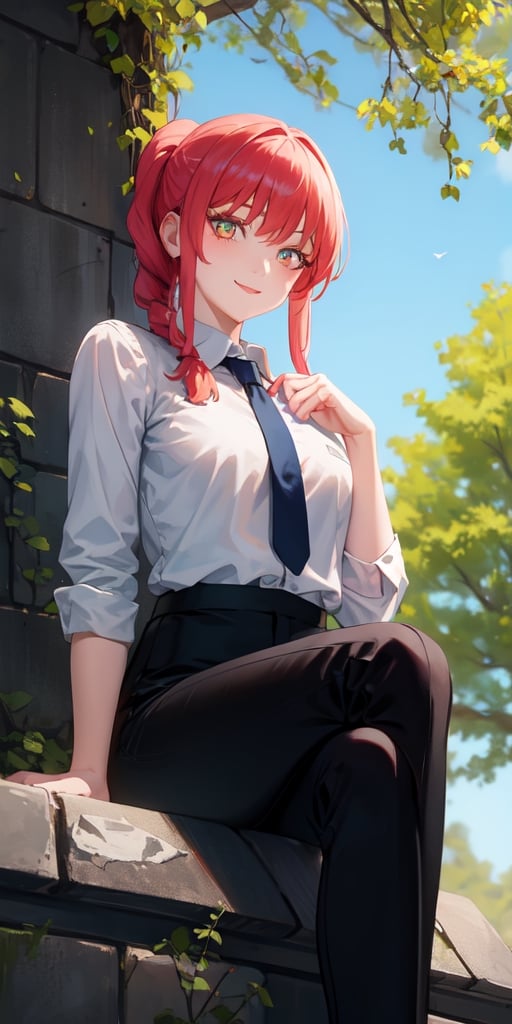 (masterpiece, best quality: 1.4), alone, looking at viewer, cowboy photo, smile, makima, ringed eyes, long hair, bangs, braided ponytail, redhead, side locks, collared shirt, tie, black pants Black, legs crossed, sitting, (from below: 1.3) medium chest, outdoors, blue sky, sanctuary, stone floor, horizon, upper body, blurred background