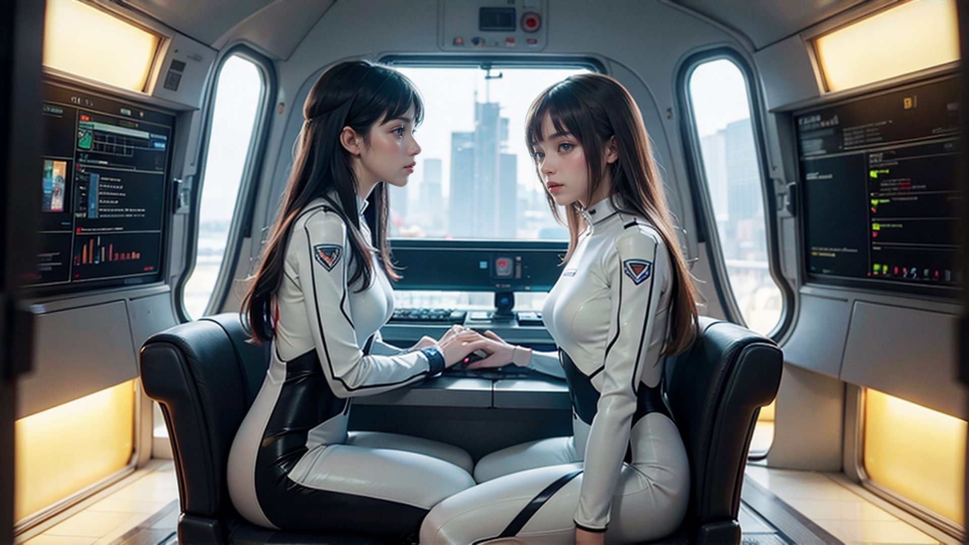 a photo of pair of (cute slender beautiful european young:1.0) girls sitting in a seat (chair) and piloting the spaceship, white long hair, wearing plugsuit, panoramic view on night space city, (symmetry), serious expressionless look, arms on armrest, red yellow, science fiction, film grain, (highly detailed:1.1), rfktr_technotrex, lora:rfktrsTechnotrexV10_rfktrsTechnotrexV10:0.1, lora:futuristic_interior_composer:0.2, lora:futuristic_interior_refiner:0.2, lyco:Robotaction:0.2, sharp focus, best quality, masterpiece, photorealistic
,futuristic_interior 