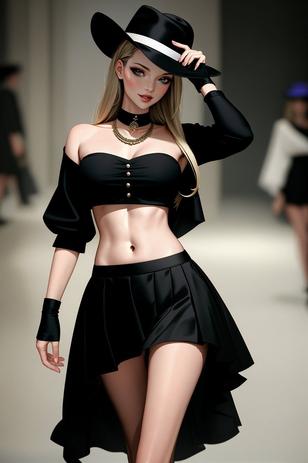 ((Masterpiece, best quality,edgQuality)),smirk,smug,edgKM, a woman in a black skirt and hat walks down a runway ,wearing edgKM, lora:edgMoss:1