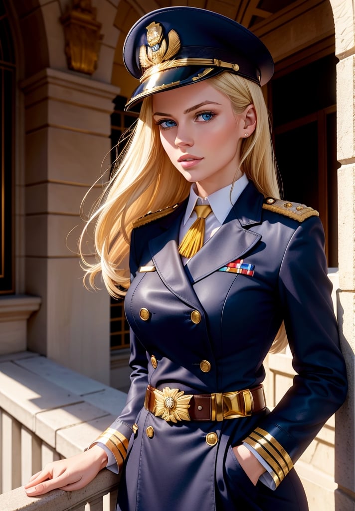 woman in her 20s, (perfect face), defined jawline, beautiful lips, (beautiful bright blue eyes), (long flowing blonde hair), (navy blue military officer uniform), (gold trimming in outfit), brown leather belt with gold buckle, (war medals on her chest), (military officer cap), (leaning on an open balcony), warm lighting, looking at viewer, (medium shot photograph), (European city capitol background), photorealistic