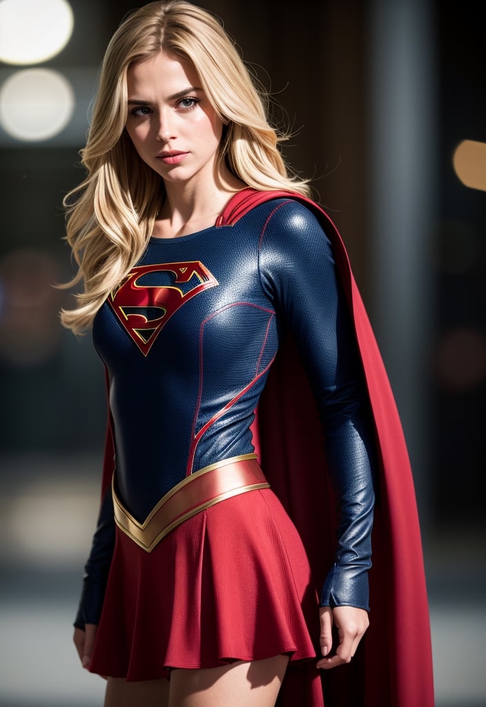 supergirl, costume, hero, skirt, cape red, hair blonde (RAW Photo, cg unity, photography, ultra realistic details, sharp focus, detailed skin,4k, high-res, masterpiece, best quality:1.1), (realistic, photo-realistic:1.37) (8k,4k, UHD, high resolution, professional, cinematic, movie, dramatic, noise), (detailed background:1.25), bokeh anamorphic depth of field blur background
