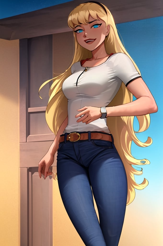 (cowboy shot), sfw, (masterpiece), (best quality:1.0), (ultra highres:1.0), detailed eyes,BREAK Galatea, 1girl, long blonde hair, posing granblue, minaba_hideo_offset(brown jacket), blue jeans, watch, hairbandBREAK(gradient background)           