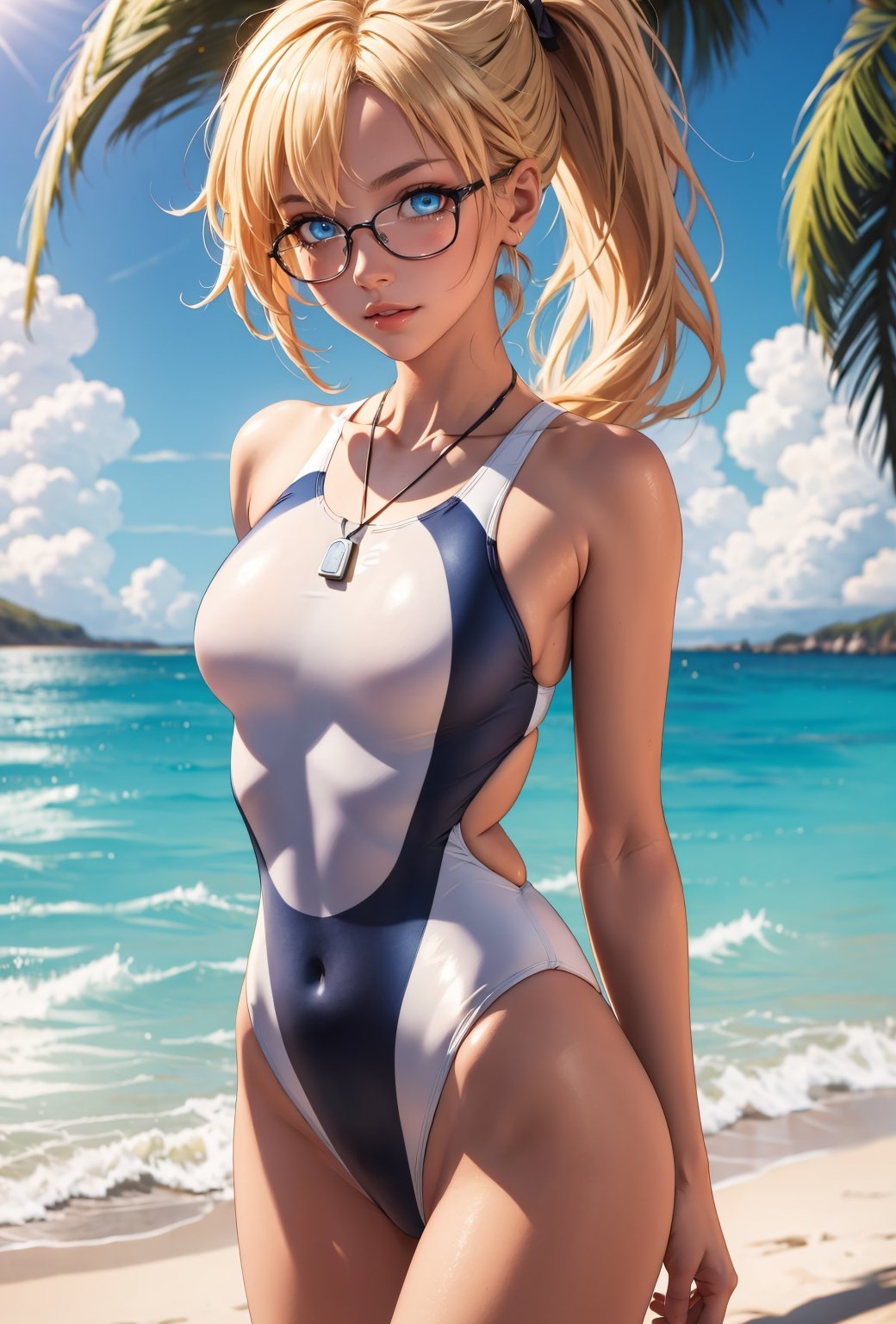 jeannedarc,  jeanne darc, blonde hair, blue eyes, long hair, BREAK competition swimsuit, glasses, highleg, highleg swimsuit, one-piece swimsuit, ponytail, swimsuit, whistle, whistle around neck, (white one-piece swimsuit:1.2), BREAK looking at viewer, BREAK outdoors, beach, BREAK, (masterpiece:1.2), best quality, high resolution, unity 8k wallpaper, (illustration:0.8), (beautiful detailed eyes:1.6), extremely detailed face, perfect lighting, extremely detailed CG, (perfect hands, perfect anatomy), cowboy shot, very long hair
,jeanne darc