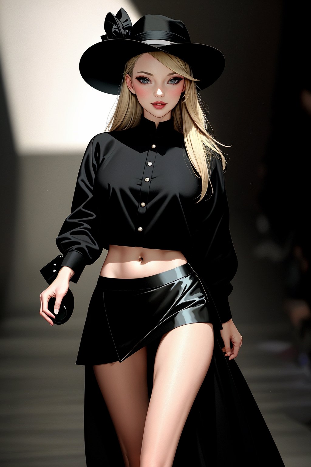 ((Masterpiece, best quality,edgQuality)),smirk,smug,edgKM, a woman in a black skirt and hat walks down a runway ,wearing edgKM, lora:edgMoss:1