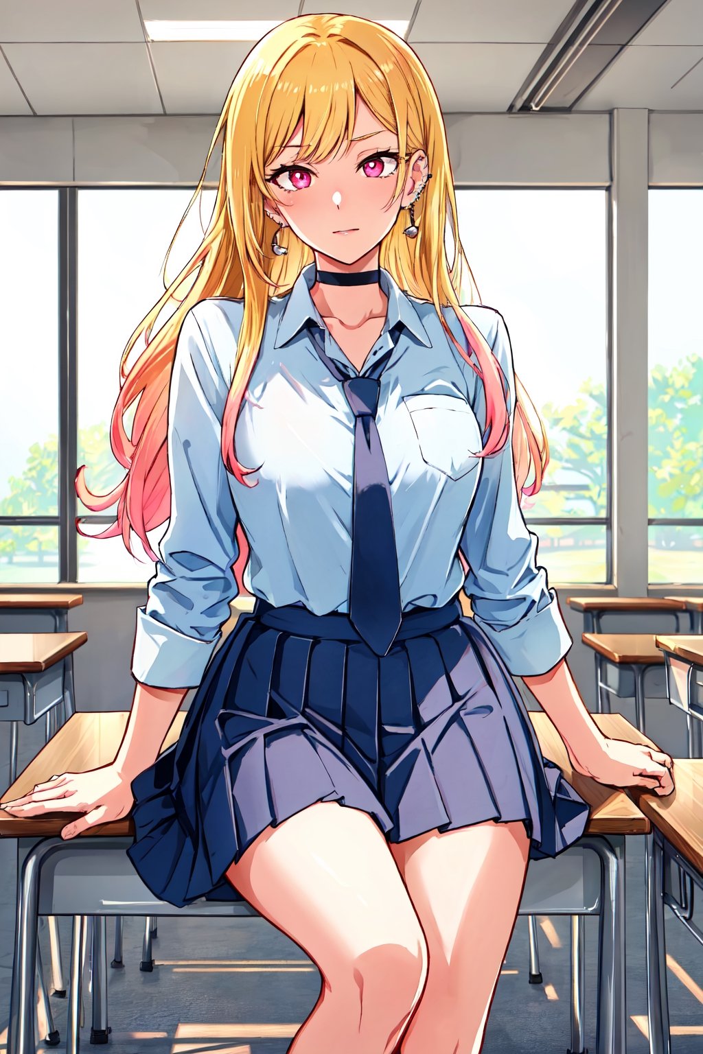 Location: detailed background, BREAK indoors, classroom,

clothing: school_uniform, shirt, black pleated_skirt, black choker, ear piercing, earrings, BREAK black necktie, long sleeves, sleeves rolled up, 

hair & face: bangs, blonde hair with black streaks, pink ruby eyes, long hair, slit pupils, perfect eyes, (beautiful_face:1.5), Beautiful Nose

role lock: 1 girl,Solo, Manga,mature female, Beautiful character design, lustrous skin,

expression: (innocent_big_eyes:1.0),

quality: official art, extremely detailed CG unity 8k wallpaper, perfect lighting, Colorful, Bright_Front_face_Lighting, 
(masterpiece:1.0),(best_quality:1.0), ultra high res,4K,ultra-detailed, 
photography, 8K, HDR, highres, absurdres :1.2 , Kodak portra 400, film grain, blurry background, bokeh:1.2, lens flare, (vibrant_color:1.2) , 

body: (Beautiful,medium_Breasts:1.4), (beautiful_face:1.5),(narrow_waist), Beautiful long legs, Beautiful Finger,

others: whisker markings,

character: MARIN KITAGAWA,takeda hiromitsu style,MARIN KITAGAWA