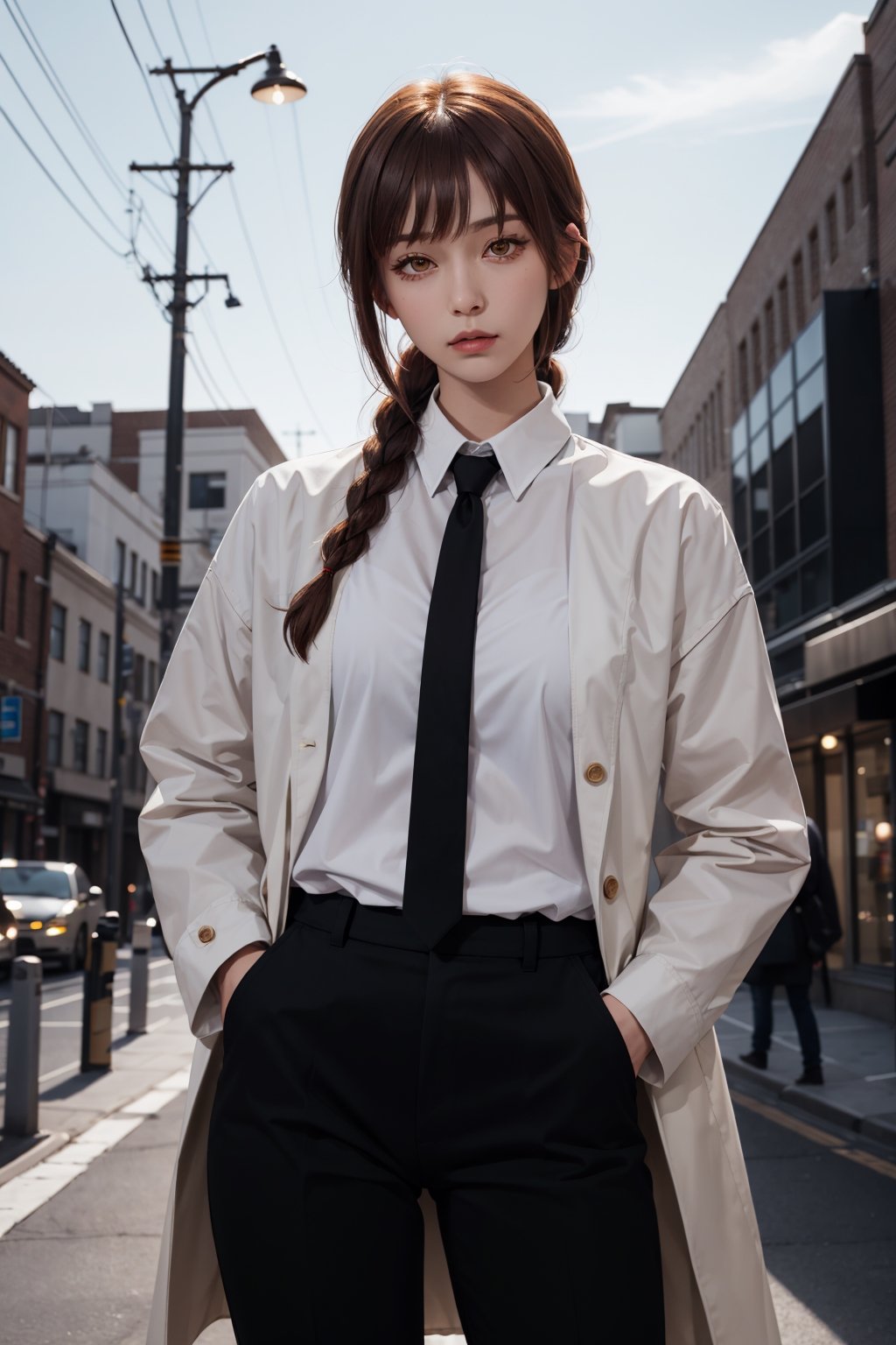 (masterpiece, best quality:1.2), lora:csm_makima-10:1, cowboy shot, solo, 1girl, makima, expressionless, closed mouth, looking at viewer, hands in pockets, braided ponytail, ringed eyes, formal, coat, collared shirt, black necktie, black pants