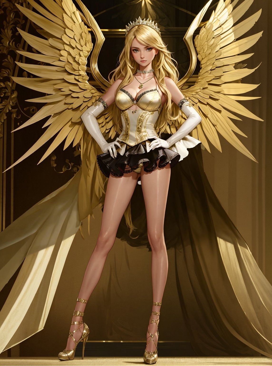 ((Masterpiece, best quality,edgQuality)),
edgVS, long hair, skirt, blonde hair,  elbow gloves, necklace, high heels, hands on hips ,wearing edgVS lingerie,wings,
 lora:edgVictoriaAngels:1,
