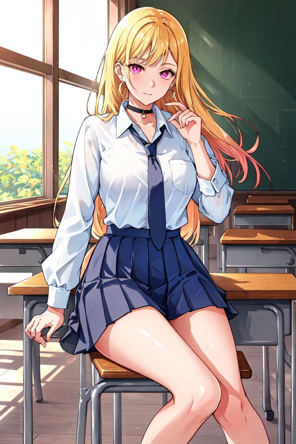 Location: detailed background, BREAK indoors, classroom,

clothing: school_uniform, shirt, black pleated_skirt, black choker, ear piercing, earrings, BREAK black necktie, long sleeves, sleeves rolled up, 

hair & face: bangs, blonde hair with black streaks, pink ruby eyes, long hair, slit pupils, perfect eyes, (beautiful_face:1.5), Beautiful Nose

role lock: 1 girl,Solo, Manga,mature female, Beautiful character design, lustrous skin,

expression: (innocent_big_eyes:1.0),

quality: official art, extremely detailed CG unity 8k wallpaper, perfect lighting, Colorful, Bright_Front_face_Lighting, 
(masterpiece:1.0),(best_quality:1.0), ultra high res,4K,ultra-detailed, 
photography, 8K, HDR, highres, absurdres :1.2 , Kodak portra 400, film grain, blurry background, bokeh:1.2, lens flare, (vibrant_color:1.2) , 

body: (Beautiful,medium_Breasts:1.4), (beautiful_face:1.5),(narrow_waist), Beautiful long legs, Beautiful Finger,

others: whisker markings,

character: MARIN KITAGAWA,takeda hiromitsu style,MARIN KITAGAWA