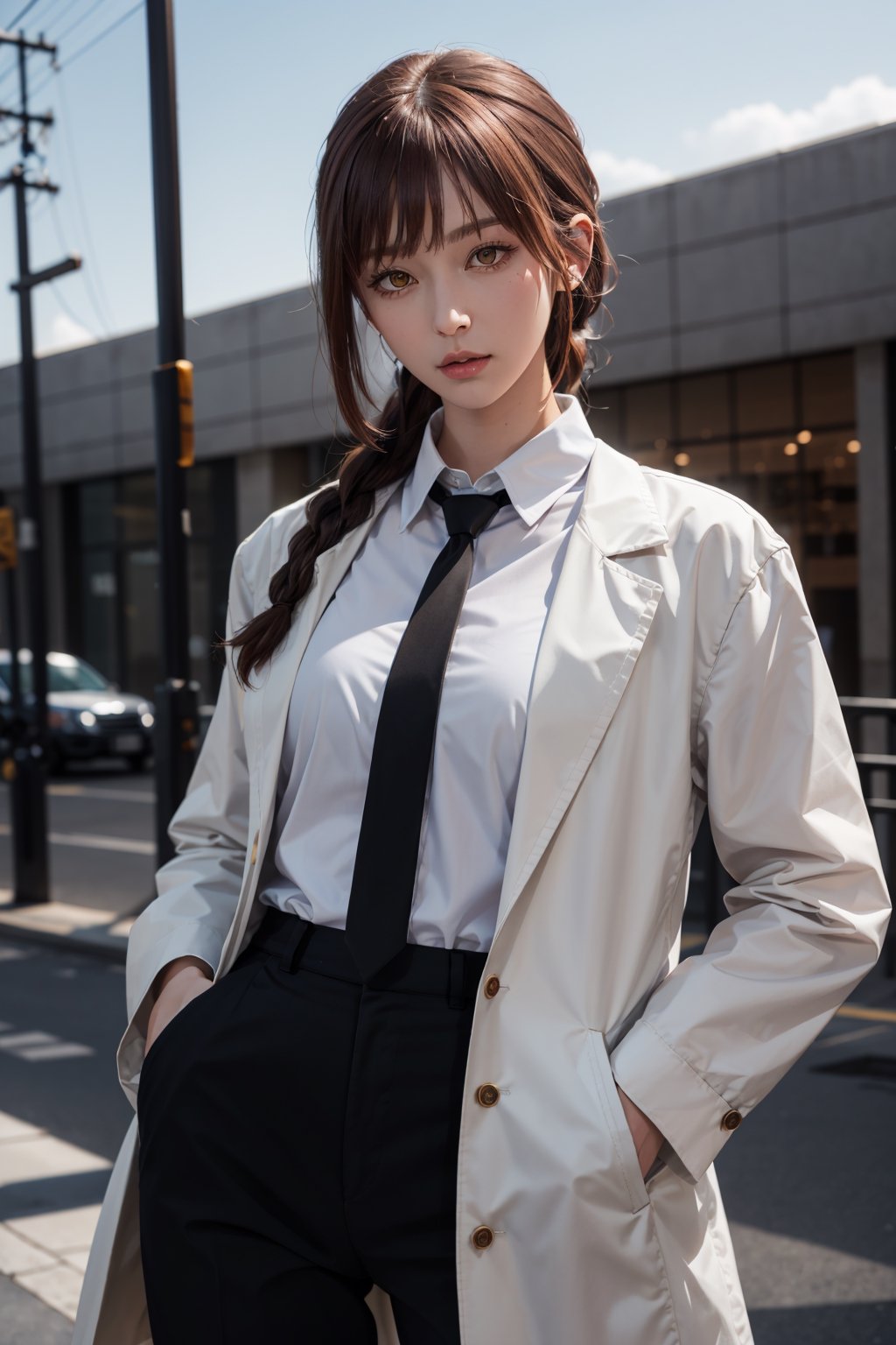 (masterpiece, best quality:1.2), lora:csm_makima-10:1, cowboy shot, solo, 1girl, makima, expressionless, closed mouth, looking at viewer, hands in pockets, braided ponytail, ringed eyes, formal, coat, collared shirt, black necktie, black pants