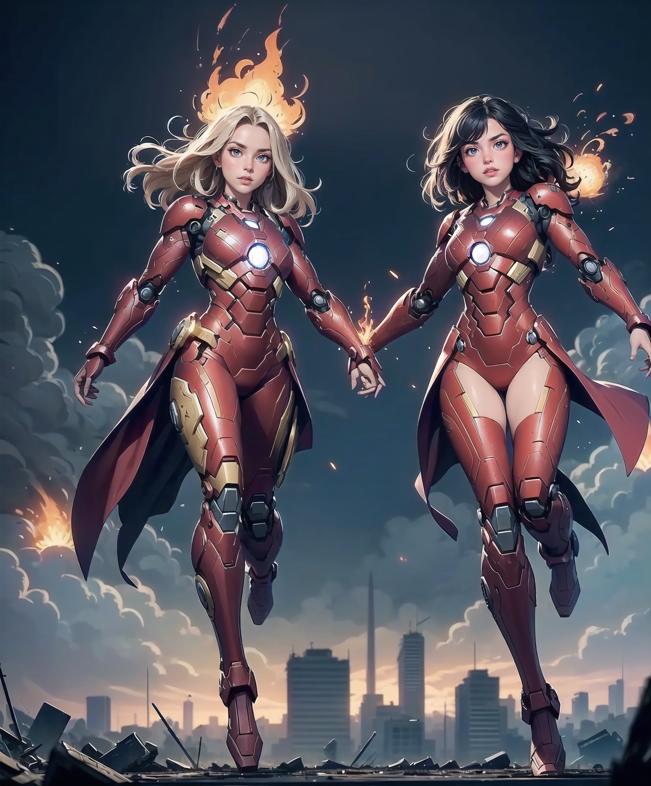 2girls twin sisters, both fighting pose, (masterpiece, top quality, 8K), detailed skin texture, detailed cloth texture, beautiful detailed face, intricate details, ultra Details, both ironman uniform, shine body,swaying middle hair, (full body: 1.1), (shy smile),jet flame bursting out from  both hands, jumping up,shining lighting, destroyed city background, evil robot standing,Detailedface,glitter,AGGA_ST002