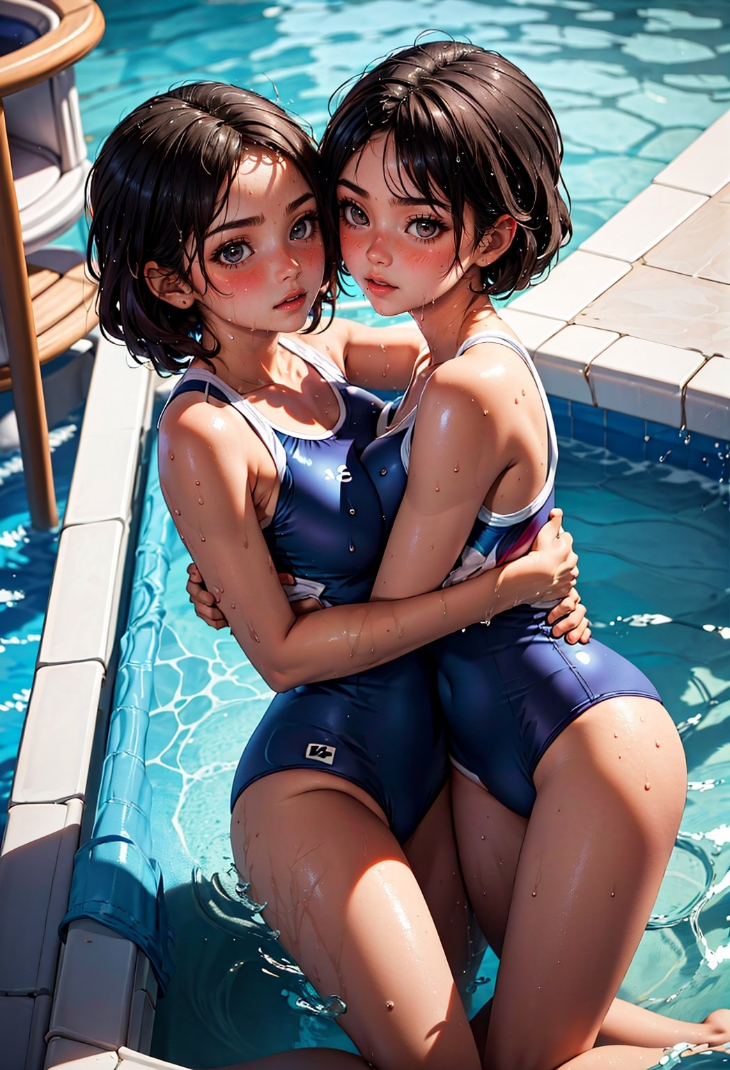 (masterpiece:1.2), (ultra-detailed:1.2), (perfect-composition:1.2), 8K, (photographical skin:1.2), (shiny skin:1.2), masterpiece, best quality, PIXIV, yuri, multiple girls, 2girls, swimsuit, long hair, short hair, black hair, looking at another, partially submerged, yuri, pool, one-piece swimsuit, eye contact, water, hug, wet, blush, breasts, blue one-piece swimsuit, arms around neck, school swimsuit, 
,yurims