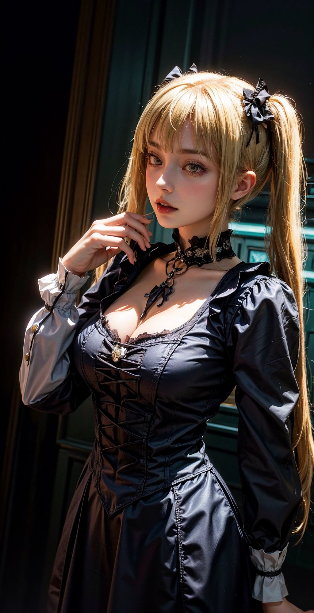 ((1mature lady:1.3, age of 45)), (standing on a dark street), (highway lights), (calm lighting), (night), sexy pose, (very delicate and beautiful work), (masterpiece), one girl, ((wearing in a gothic Lolita dress:1.37, gothic Lolita fashion:1.5)), very detailed and leaky waist, attractive look, beautifully clear eyes, ((blonde twin-tails hair:1.5)), delicate necklace, delicate earrings, simple blurred background, extreme detailed description, beautiful, attractive, Super fine painting, pretty face, big, big, big, big, fine body, fine collarbone, beautiful lips, smooth ass, mix4, (8k, RAW photo, top quality, masterpiece: 1.37), (realistic, realistic: 1.37), one girl, cute, cityscape, night, humidity, professional lighting, photon mapping, radiation, physics cs-based rendering,makima