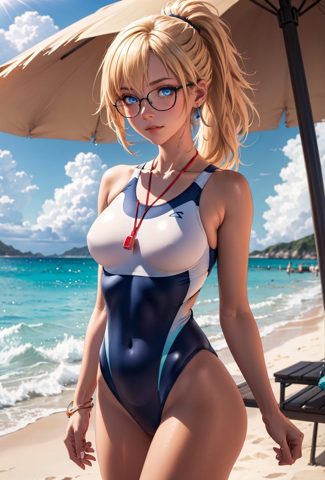 jeannedarc,  jeanne darc, blonde hair, blue eyes, long hair, BREAK competition swimsuit, glasses, highleg, highleg swimsuit, one-piece swimsuit, ponytail, swimsuit, whistle, whistle around neck, (white one-piece swimsuit:1.2), BREAK looking at viewer, BREAK outdoors, beach, BREAK, (masterpiece:1.2), best quality, high resolution, unity 8k wallpaper, (illustration:0.8), (beautiful detailed eyes:1.6), extremely detailed face, perfect lighting, extremely detailed CG, (perfect hands, perfect anatomy), cowboy shot, very long hair
,jeanne darc