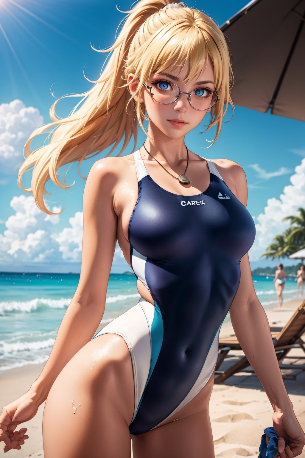 jeannedarc,  jeanne darc, blonde hair, blue eyes, long hair, BREAK competition swimsuit, glasses, highleg, highleg swimsuit, one-piece swimsuit, ponytail, swimsuit, whistle, whistle around neck, (white one-piece swimsuit:1.2), BREAK looking at viewer, BREAK outdoors, beach, BREAK, (masterpiece:1.2), best quality, high resolution, unity 8k wallpaper, (illustration:0.8), (beautiful detailed eyes:1.6), extremely detailed face, perfect lighting, extremely detailed CG, (perfect hands, perfect anatomy), cowboy shot, very long hair
,jeanne darc