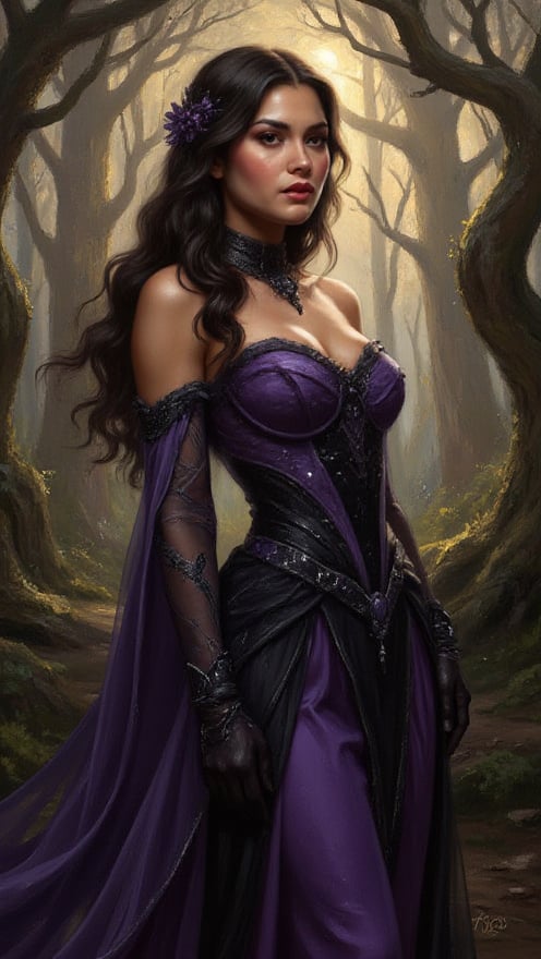 Oil painting style. A majestic of beautiful woman, spotlighting the ornate details of her purple and black attire, radiates confidence amidst an enchanted forest bathed in soft golden light. Her striking features, including long hair flowing like moonlit rivulets, command attention as towering trees loom in the background, their twisted branches weaving a hypnotic dance of twigs and leaves. oil painting