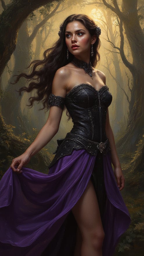 Oil painting style. A majestic of beautiful woman, spotlighting the ornate details of her purple and black attire, radiates confidence amidst an enchanted forest bathed in soft golden light. Her striking features, including long hair flowing like moonlit rivulets, command attention as towering trees loom in the background, their twisted branches weaving a hypnotic dance of twigs and leaves. oil painting