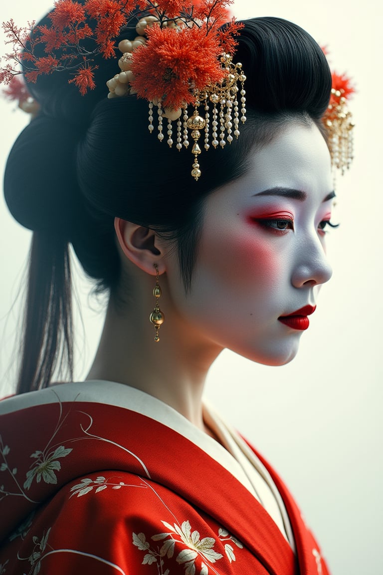  "a double exposure image that combines the autumn landscape of Kyoto with a close-up of a traditional Japanese geisha's face, kimono, long hair, creating a dramatic and artistic effect where the two elements merge seamlessly, The image captures the haunting beauty of a autumn landscape merging with the detailed features of a geisha's face,"