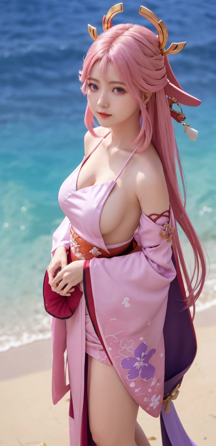 yae miko, solo, full body, looking at viewer, hair ornament, pink hair, long hair, japanese clothes, sideboob, detached sleeves, wide sleeves, jewelry, bare shoulders, violet eyes, sea background,yaemikodef,yae_miko(genshin impact),bul4n