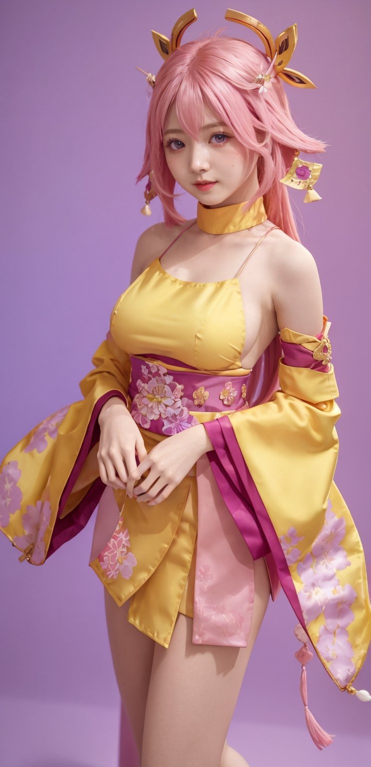 yae miko, solo, chibi, full body, looking at viewer, hair ornament, pink hair, long hair, japanese clothes, sideboob, detached sleeves, wide sleeves, jewelry, bare shoulders, violet eyes, yellow background,yaemikodef,yae_miko(genshin impact),bul4n