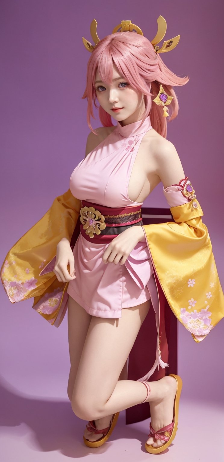 yae miko, solo, chibi, full body, looking at viewer, hair ornament, pink hair, long hair, japanese clothes, sideboob, detached sleeves, wide sleeves, jewelry, bare shoulders, violet eyes, yellow background,yaemikodef,yae_miko(genshin impact),bul4n