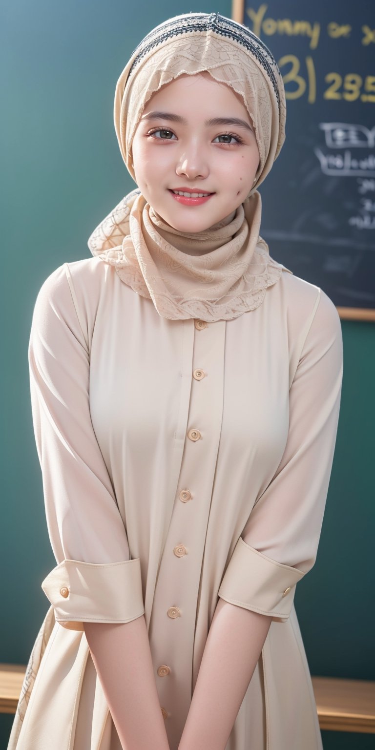 (masterpiece:1.2, best quality), (real picture, intricate details), raytracing, detailed face, extremely detailed CG unity 8k wallpaper, artistic composition, photorealistic, photograph, (ultra-detailed), smile expression, Cheeky Smile, ((jilbab)), hijab, beige uniform, 

((((25 years old woman )))) 
Background: classroom, blackboard, math texture,bul4n