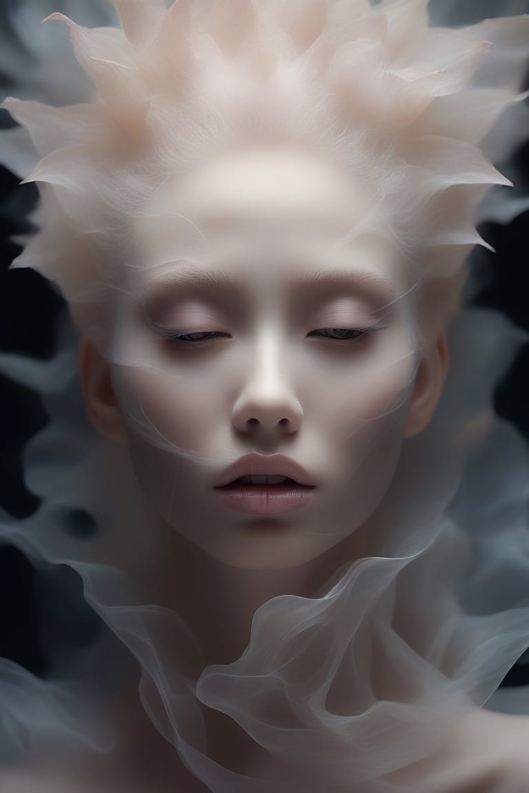 Create a spectral woman with a (translucent appearance:1.3), Her form is barely tangible, with a soft glow emanating from her gentle contours, The surroundings subtly distort through her ethereal presence, casting a dreamlike ambiance,xxmixgirl,NYFlowerGirl