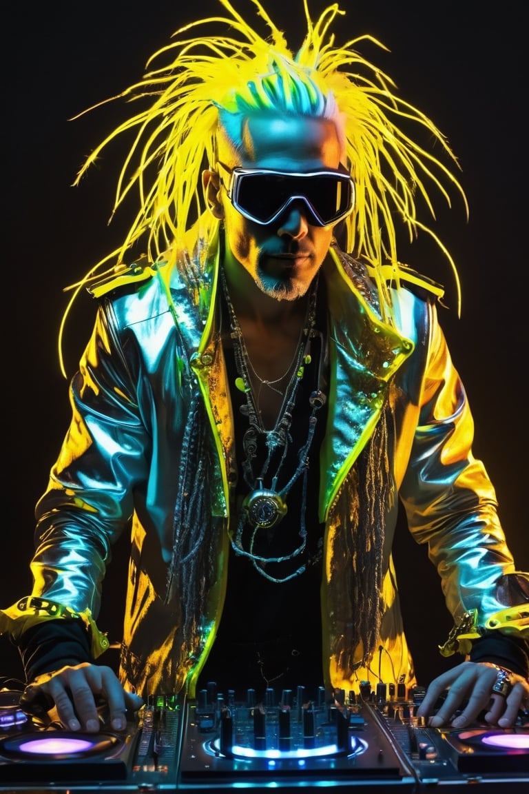 skullpunk male pirate, full body portrait, silver dreadlock silver hair, cyborg, goggles, yellow jacket, in medieval based suit, plays DJ instrument so passionly, neon sparks, energic, full passion, enthusiasm, leds, sparkling, prismatic, neuron art, prismatic, cryptopunk