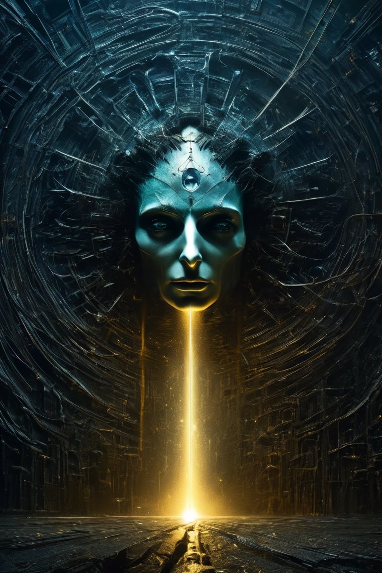 Modern art style on the theme of "1997 film Event Horizon" in the style of Stefan Gesell, golden ratio, fantasy horror art, photorealistic dark concept art, in style of dark fantasy art, lich vecna (d&d), detailed 4k horror artwork, stefan koidl inspired, ((stefan koidl)), Movie Still