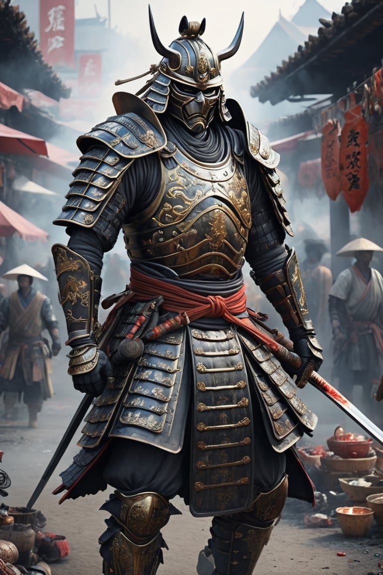 Extremely detailed, extremely realistic, and comprehensive
A group of giant samurai are visiting the market, realistic style (carapace armor), many people are running away in the market, dirty, bloody, sticky, dirty, many vendors, many corpses, wreckage
Ancient sense, creature, realistic style (the background is filled with smoke)